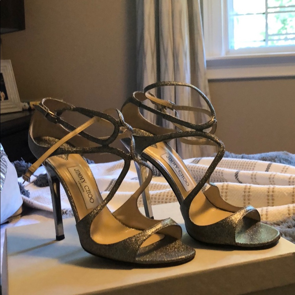 Jimmy Choo Lance silver glitter leather sandals
